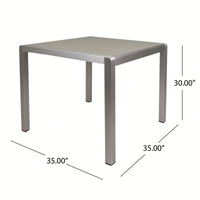 Square Outdoor Dining Table With Anodized Aluminum Frame And Tempered Glass Top 35 Inches Silver And Gray