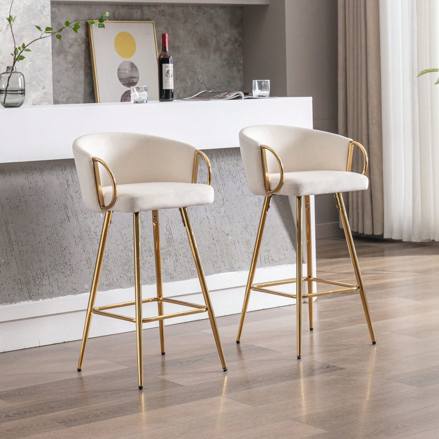 Elegant Cream Velvet Bar Stools Set Of 2 With Chrome Footrest And Golden Legs 26 Inch Height