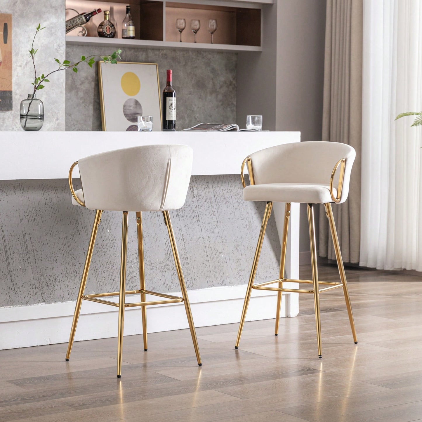 Elegant Cream Velvet Bar Stools Set Of 2 With Chrome Footrest And Golden Legs 26 Inch Height