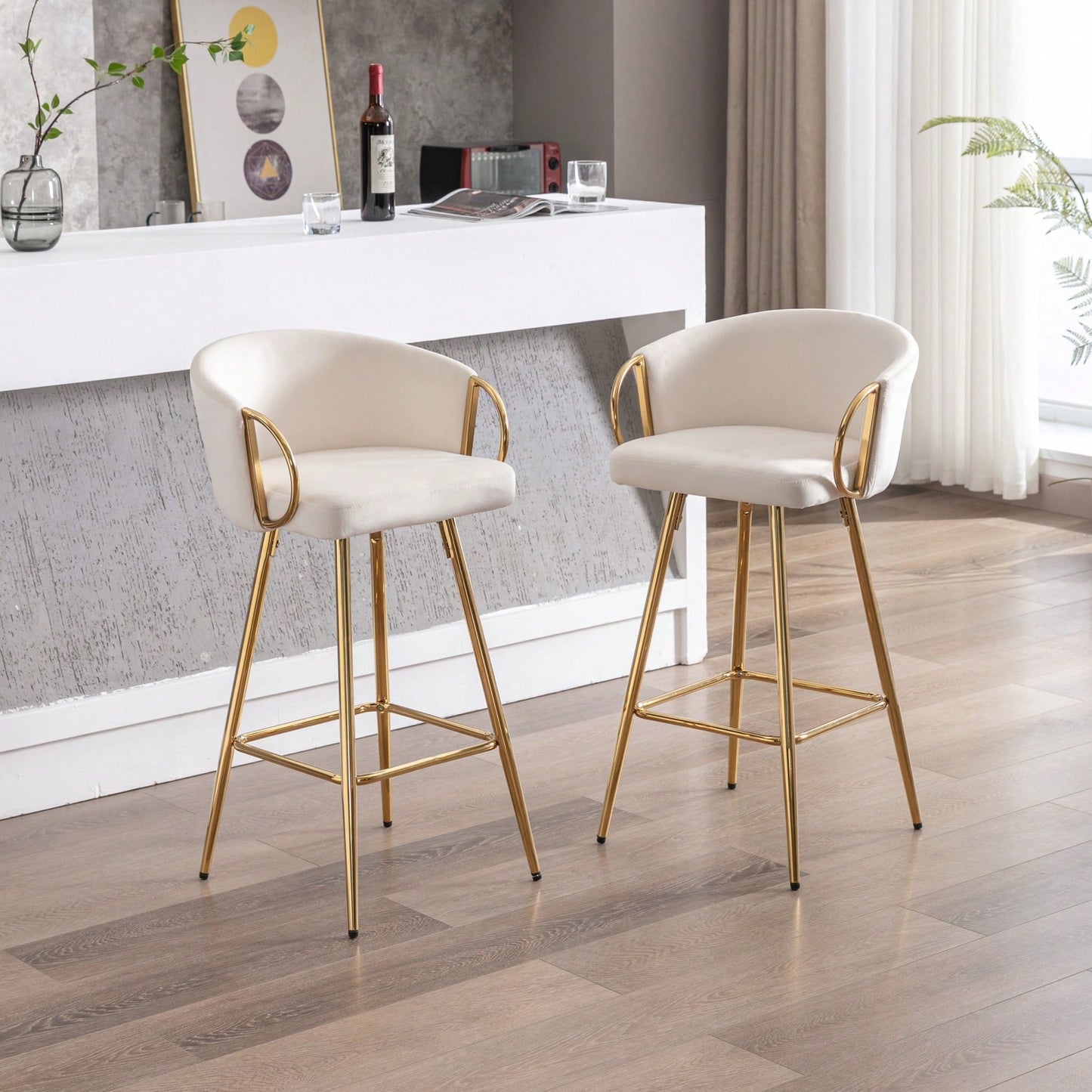 Elegant Cream Velvet Bar Stools Set Of 2 With Chrome Footrest And Golden Legs 26 Inch Height