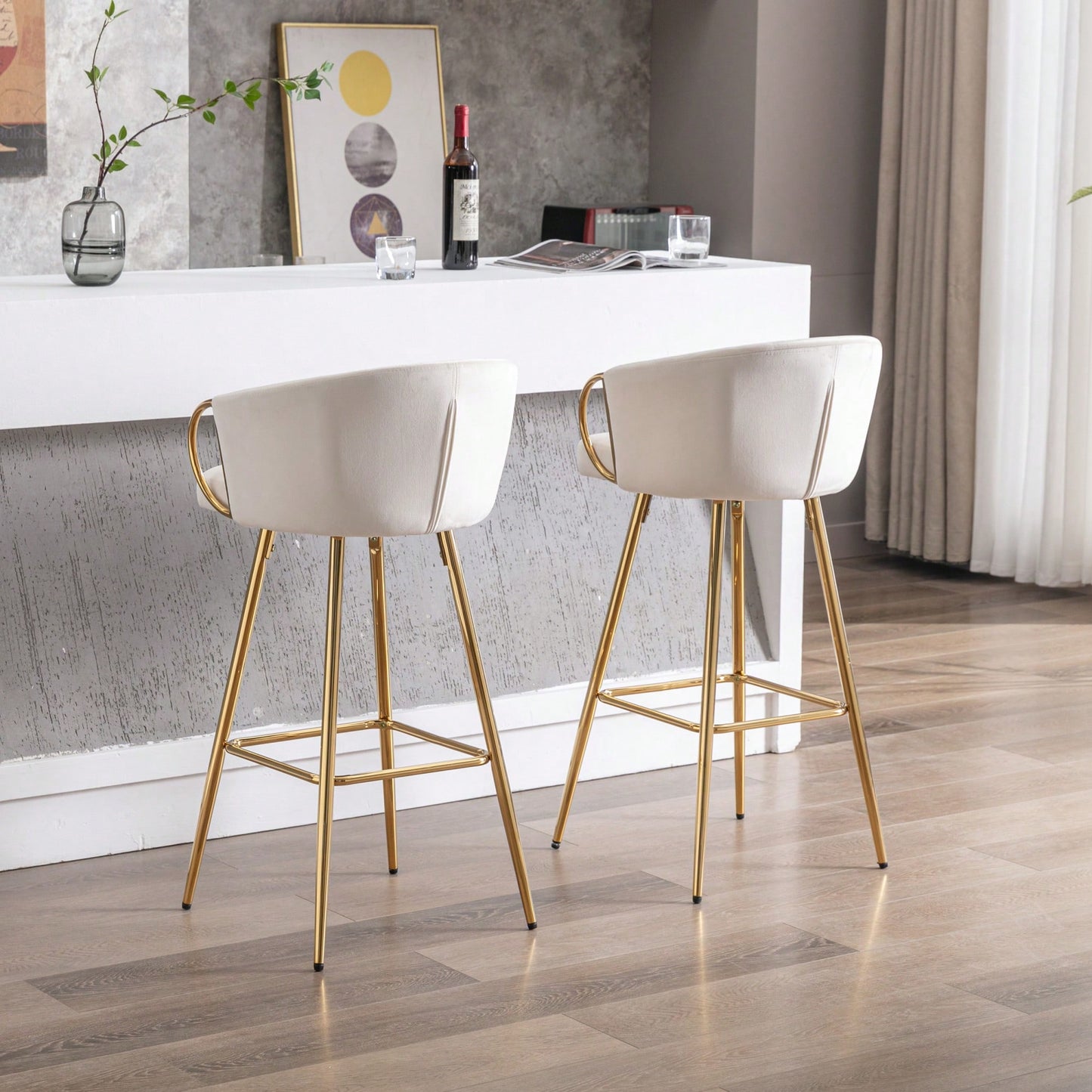 Elegant Cream Velvet Bar Stools Set Of 2 With Chrome Footrest And Golden Legs 26 Inch Height