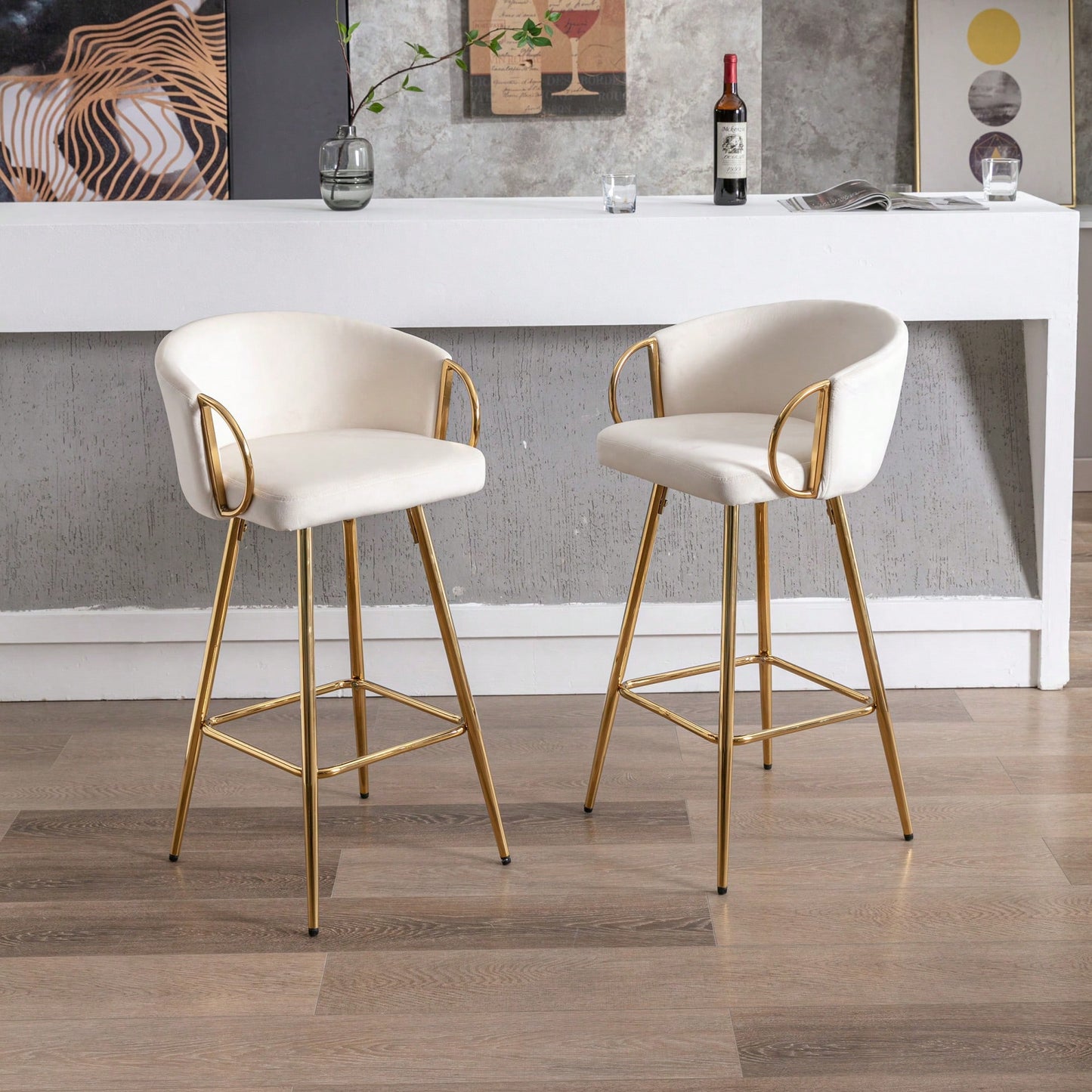 Elegant Cream Velvet Bar Stools Set Of 2 With Chrome Footrest And Golden Legs 26 Inch Height