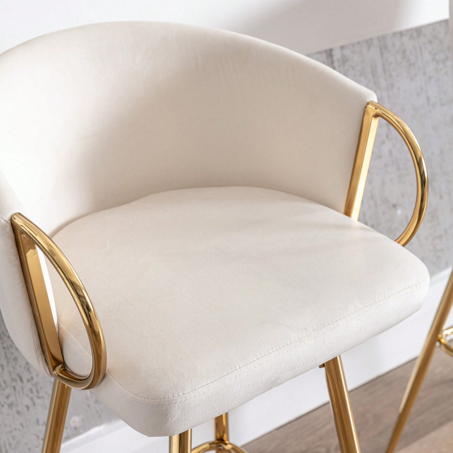 Elegant Cream Velvet Bar Stools Set Of 2 With Chrome Footrest And Golden Legs 26 Inch Height