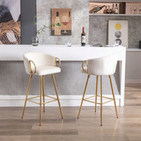 Elegant Cream Velvet Bar Stools Set Of 2 With Chrome Footrest And Golden Legs 26 Inch Height