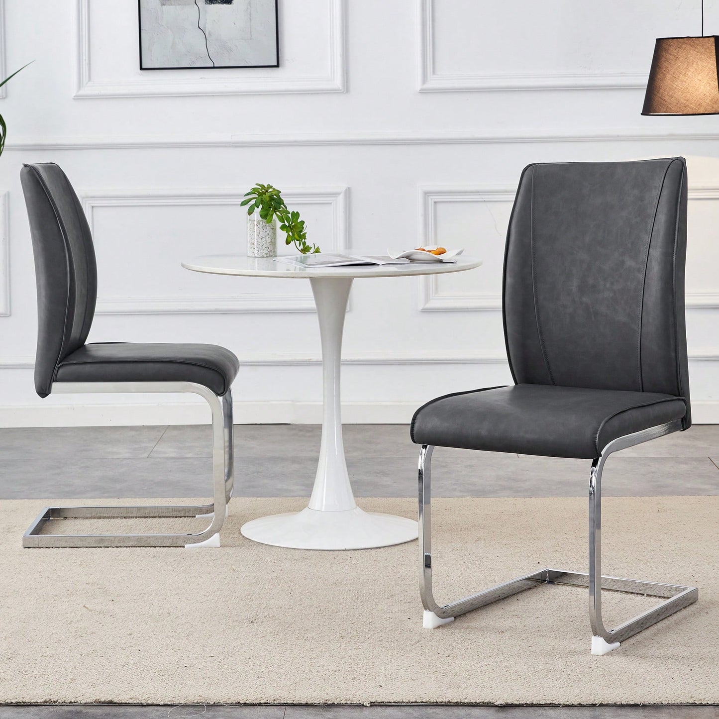 Elegant Dark Gray PU Dining Chairs Set Of 2 With High Resilience And Arched Silver Metal Legs