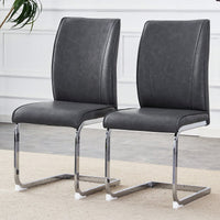 Elegant Dark Gray PU Dining Chairs Set Of 2 With High Resilience And Arched Silver Metal Legs