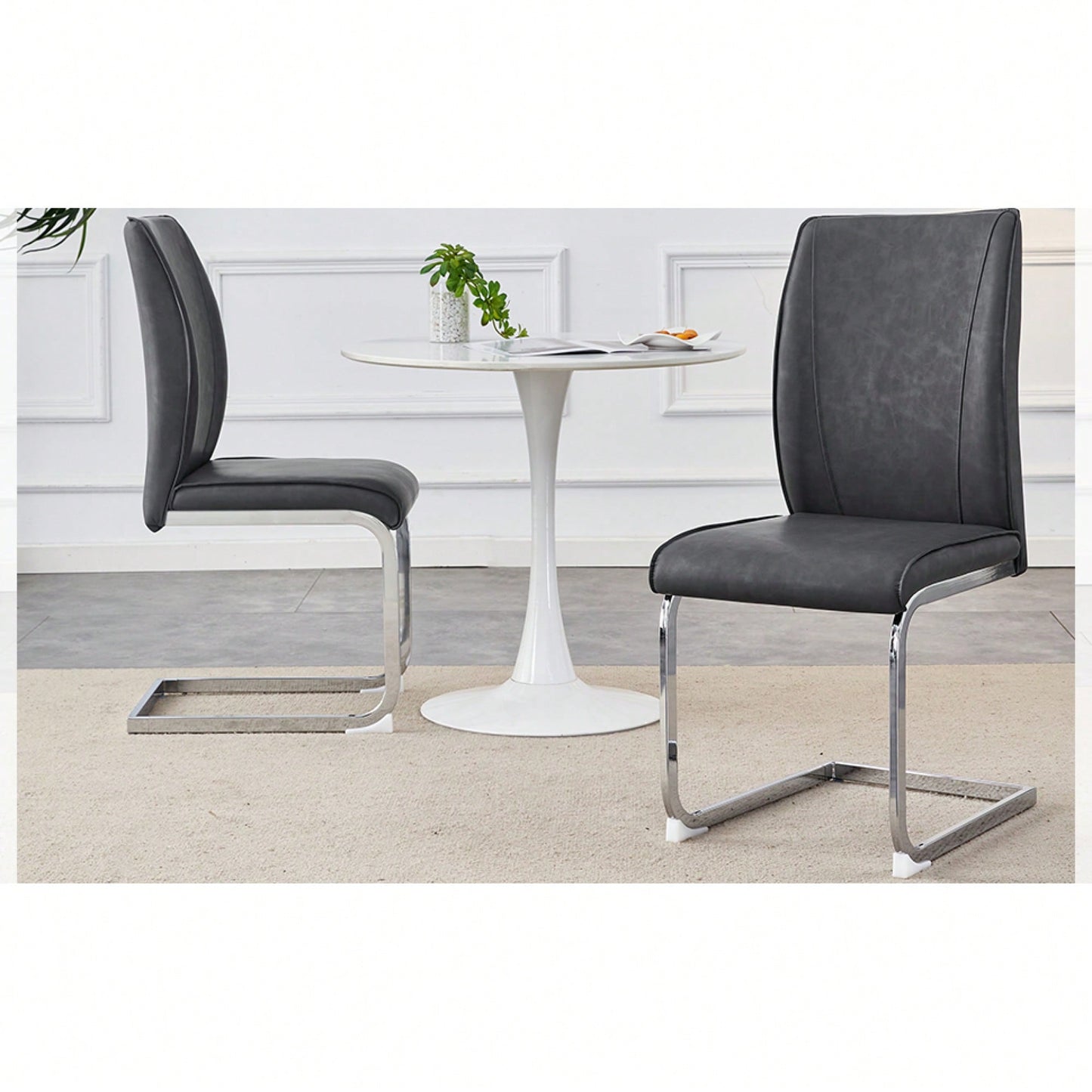 Elegant Dark Gray PU Dining Chairs Set Of 2 With High Resilience And Arched Silver Metal Legs