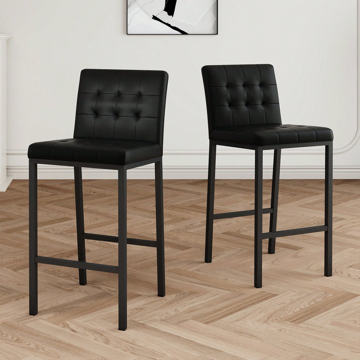 Set Of 2 Modern High Stool With Metal Legs For Kitchen And Restaurant Black PU Bar Chair