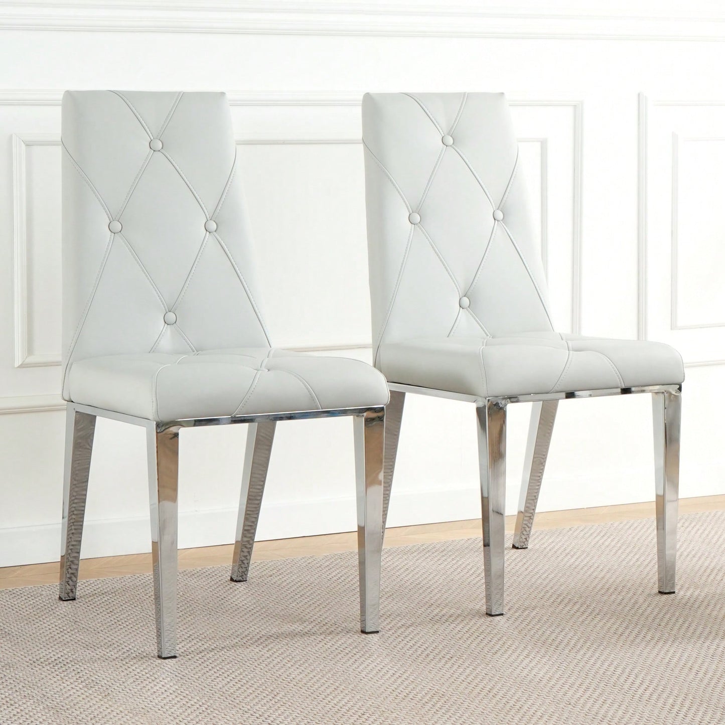 Modern Dining Chair Set Of 2 With PU Upholstered Seat And Electroplated Legs For Kitchen And Living Room Light Grey