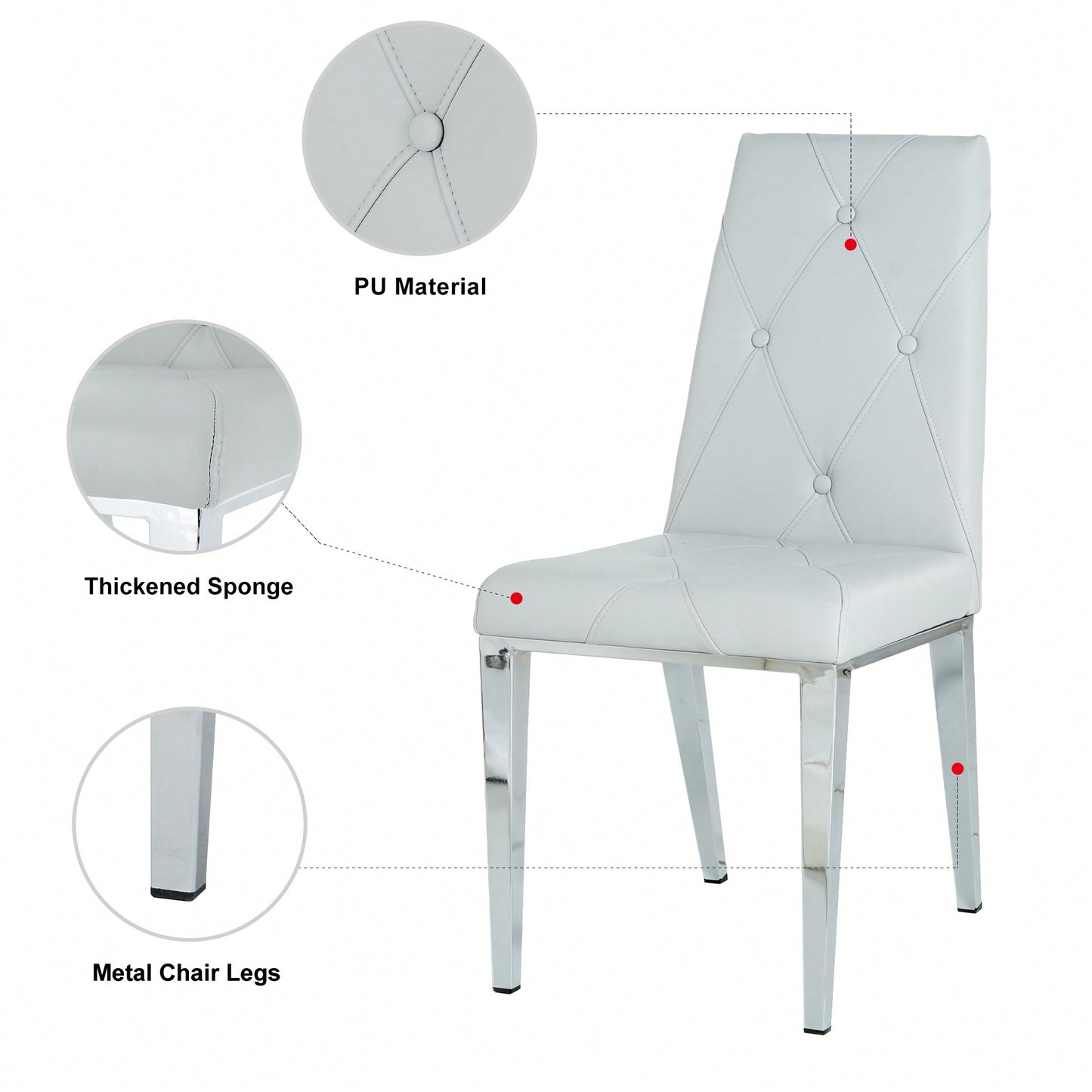 Modern Dining Chair Set Of 2 With PU Upholstered Seat And Electroplated Legs For Kitchen And Living Room Light Grey