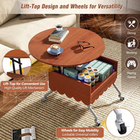 Round Lift-Top Coffee Table With Wheels And Colorful LED Lighting 27.6 Inch Modern Design