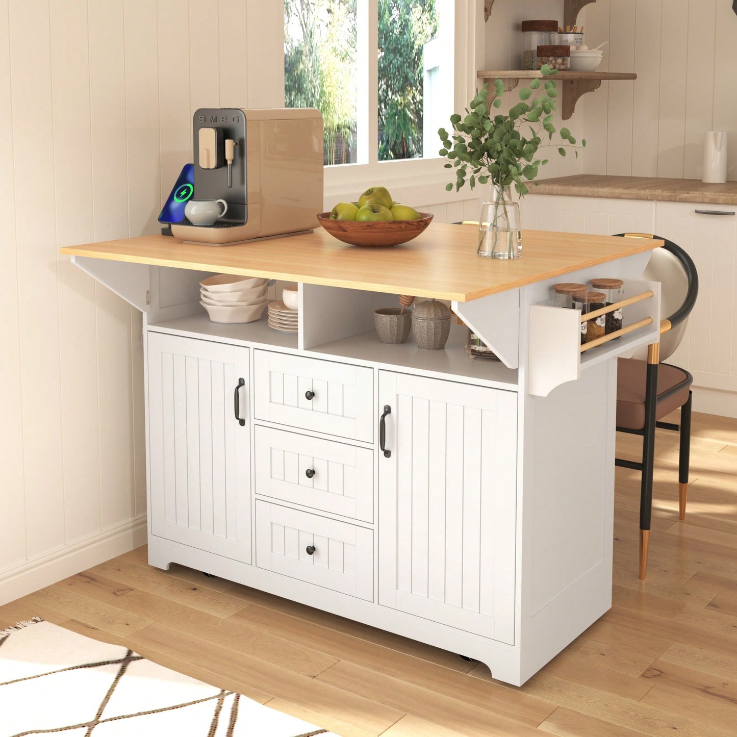 Large Kitchen Island With Drop Leaf And Rolling Wheels, Folding Dining Table With Power Outlet, Spice Rack, Towel Holder, And 3 Storage Drawers In White