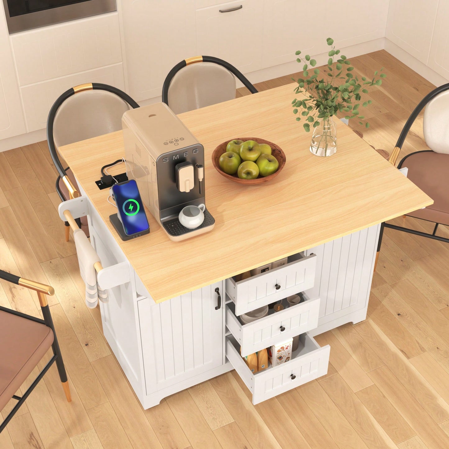 Large Kitchen Island With Drop Leaf And Rolling Wheels, Folding Dining Table With Power Outlet, Spice Rack, Towel Holder, And 3 Storage Drawers In White