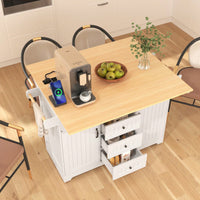 Large Kitchen Island With Drop Leaf And Rolling Wheels, Folding Dining Table With Power Outlet, Spice Rack, Towel Holder, And 3 Storage Drawers In White