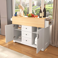 Large Kitchen Island With Drop Leaf And Rolling Wheels, Folding Dining Table With Power Outlet, Spice Rack, Towel Holder, And 3 Storage Drawers In White
