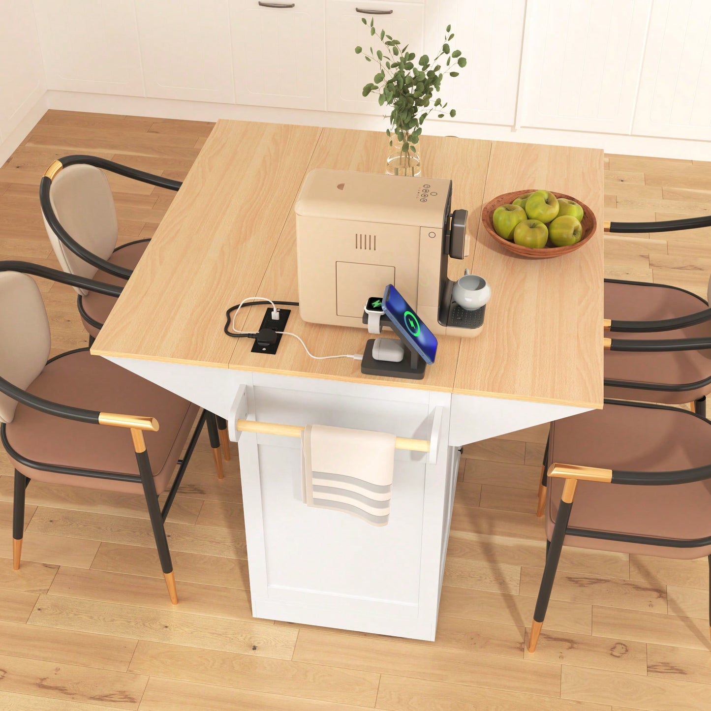 Large Kitchen Island With Drop Leaf And Rolling Wheels, Folding Dining Table With Power Outlet, Spice Rack, Towel Holder, And 3 Storage Drawers In White