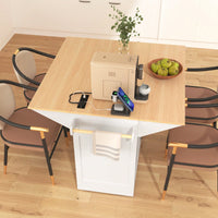 Large Kitchen Island With Drop Leaf And Rolling Wheels, Folding Dining Table With Power Outlet, Spice Rack, Towel Holder, And 3 Storage Drawers In White