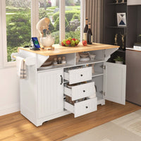 Large Kitchen Island With Drop Leaf And Rolling Wheels, Folding Dining Table With Power Outlet, Spice Rack, Towel Holder, And 3 Storage Drawers In White