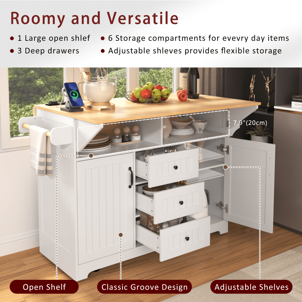 Large Kitchen Island With Drop Leaf And Rolling Wheels, Folding Dining Table With Power Outlet, Spice Rack, Towel Holder, And 3 Storage Drawers In White