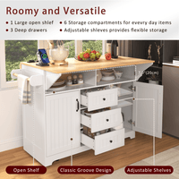 Large Kitchen Island With Drop Leaf And Rolling Wheels, Folding Dining Table With Power Outlet, Spice Rack, Towel Holder, And 3 Storage Drawers In White