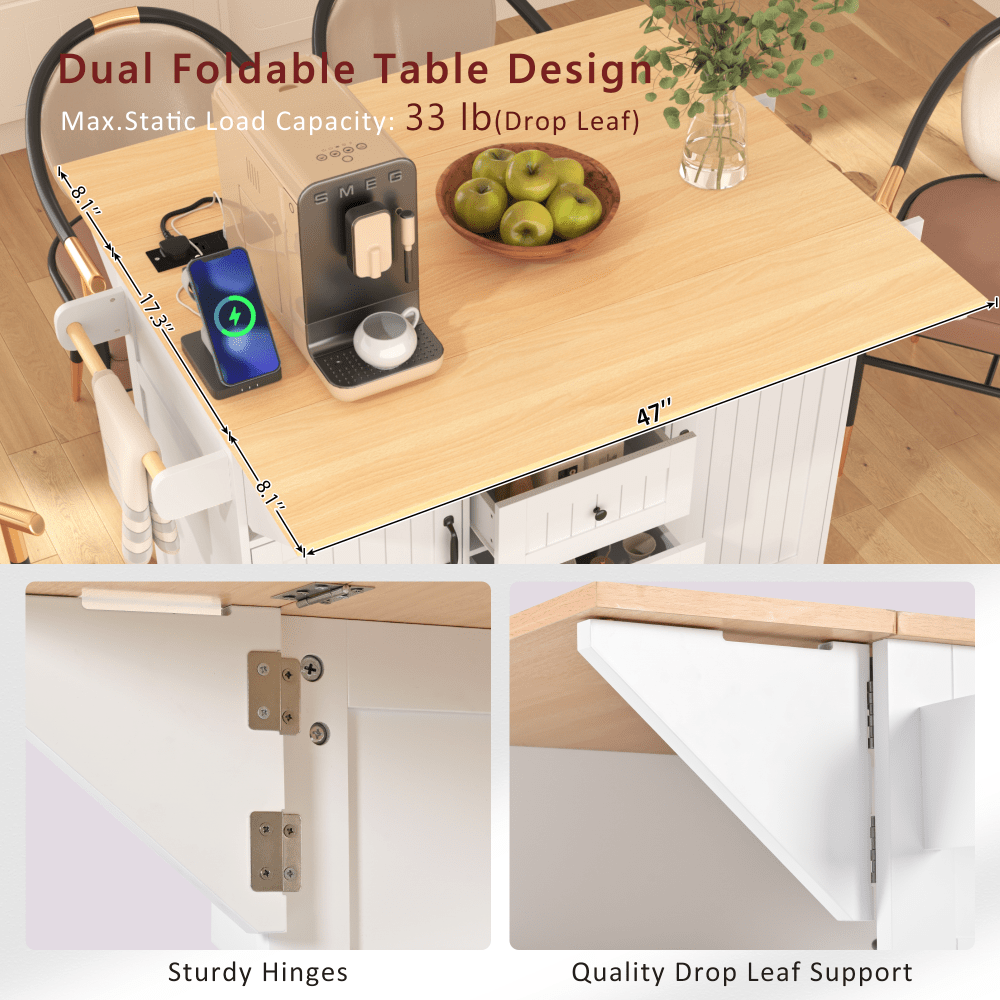 Large Kitchen Island With Drop Leaf And Rolling Wheels, Folding Dining Table With Power Outlet, Spice Rack, Towel Holder, And 3 Storage Drawers In White
