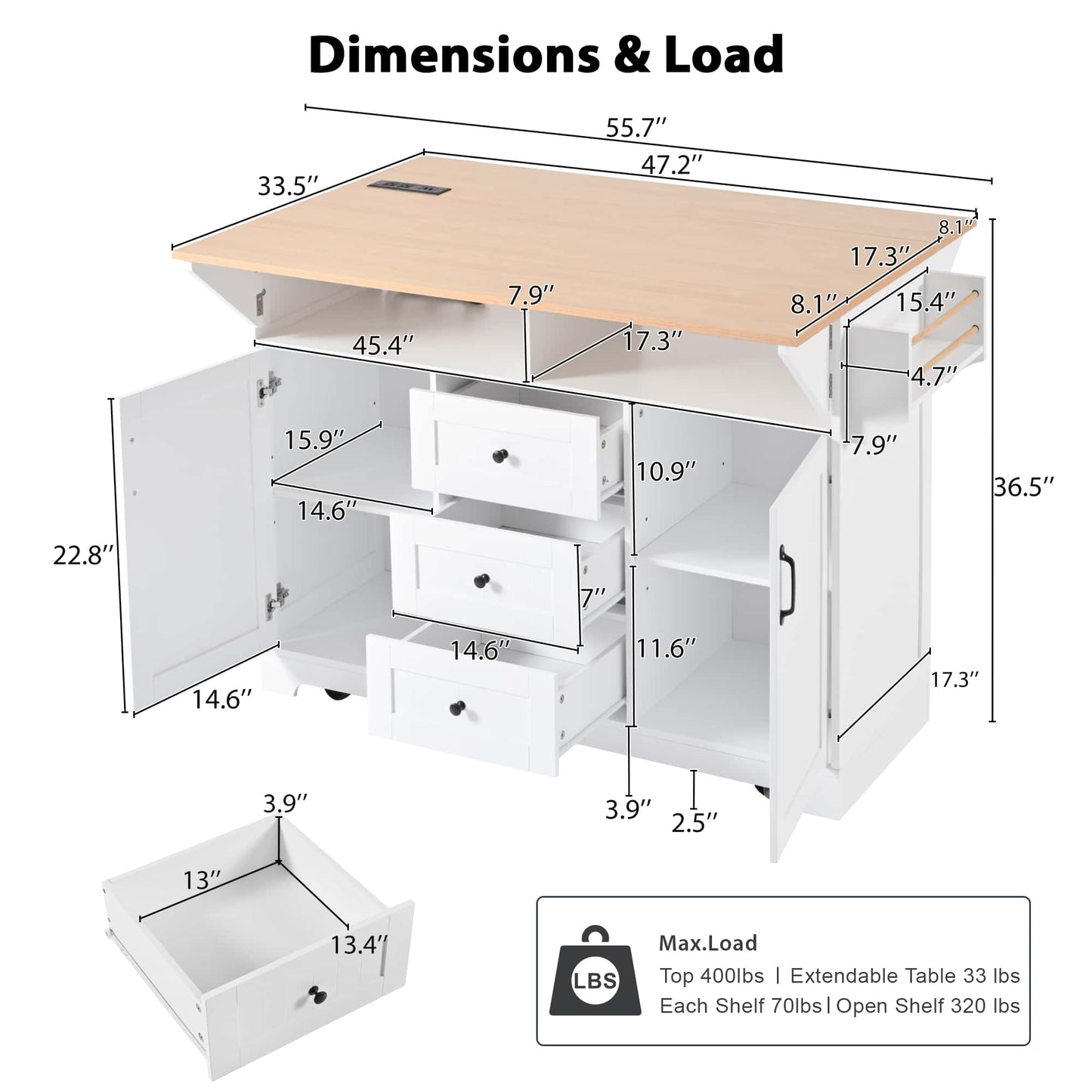 Large Kitchen Island With Drop Leaf And Rolling Wheels, Folding Dining Table With Power Outlet, Spice Rack, Towel Holder, And 3 Storage Drawers In White