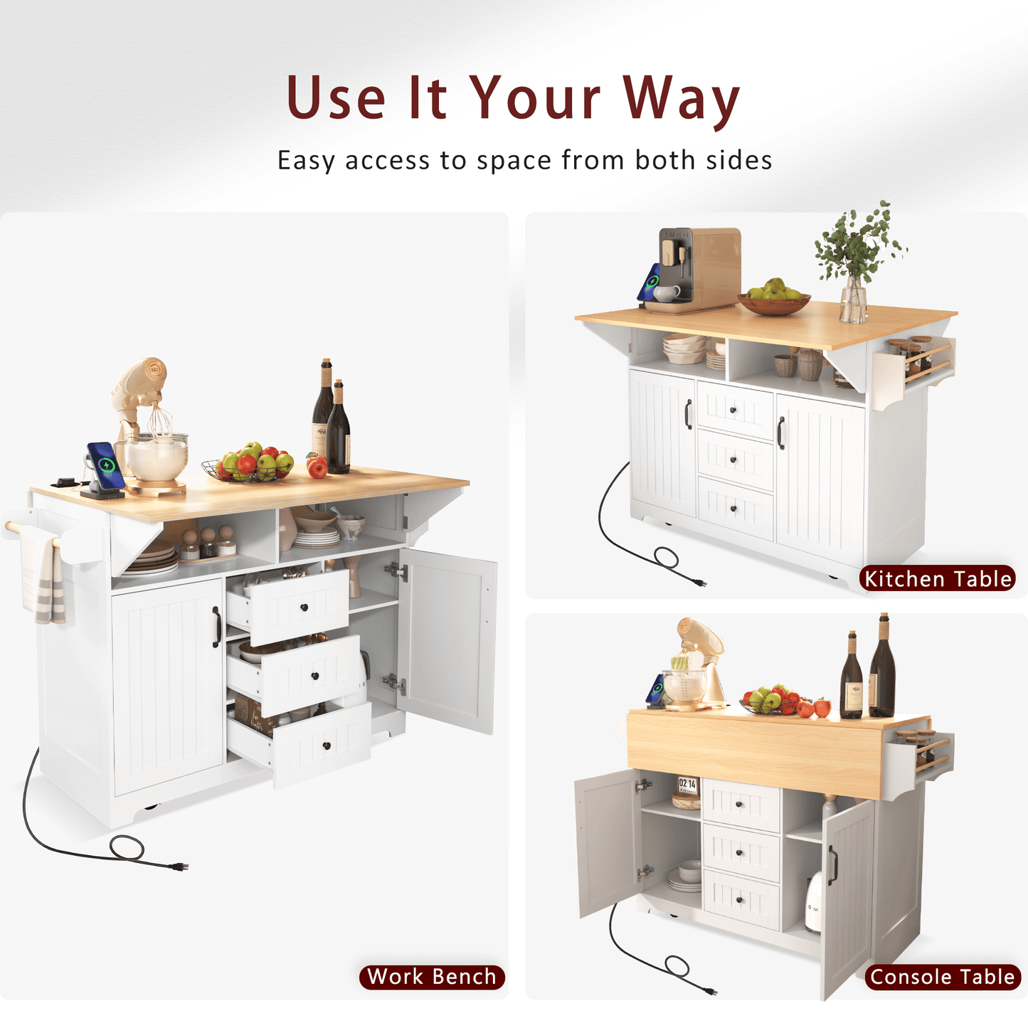 Large Kitchen Island With Drop Leaf And Rolling Wheels, Folding Dining Table With Power Outlet, Spice Rack, Towel Holder, And 3 Storage Drawers In White