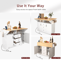 Large Kitchen Island With Drop Leaf And Rolling Wheels, Folding Dining Table With Power Outlet, Spice Rack, Towel Holder, And 3 Storage Drawers In White