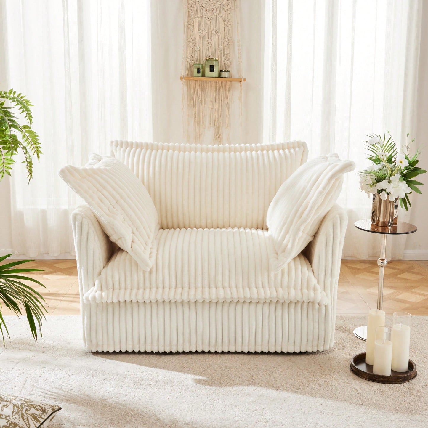 Cozy Slipcovered Armchair With Plush Back Cushion And Toss Pillows In Cream Corduroy Fabric