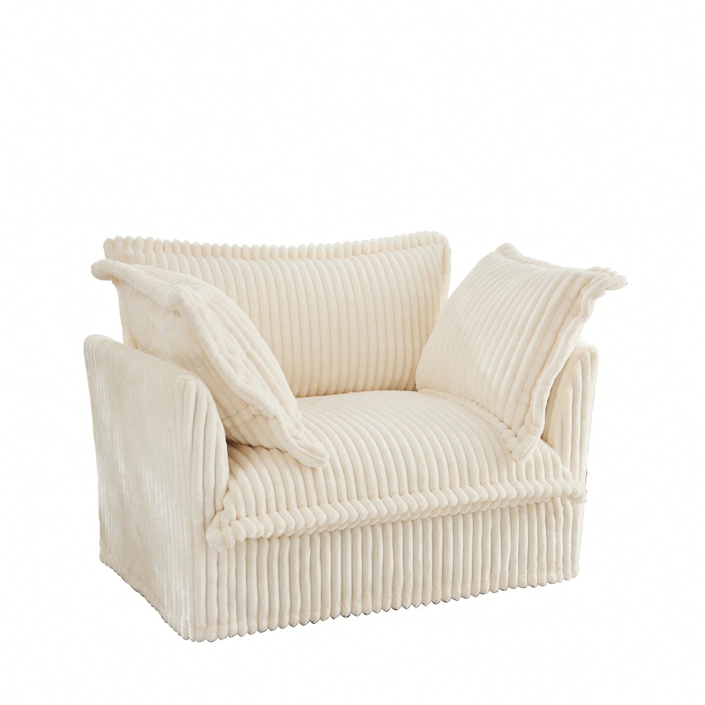 Cozy Slipcovered Armchair With Plush Back Cushion And Toss Pillows In Cream Corduroy Fabric