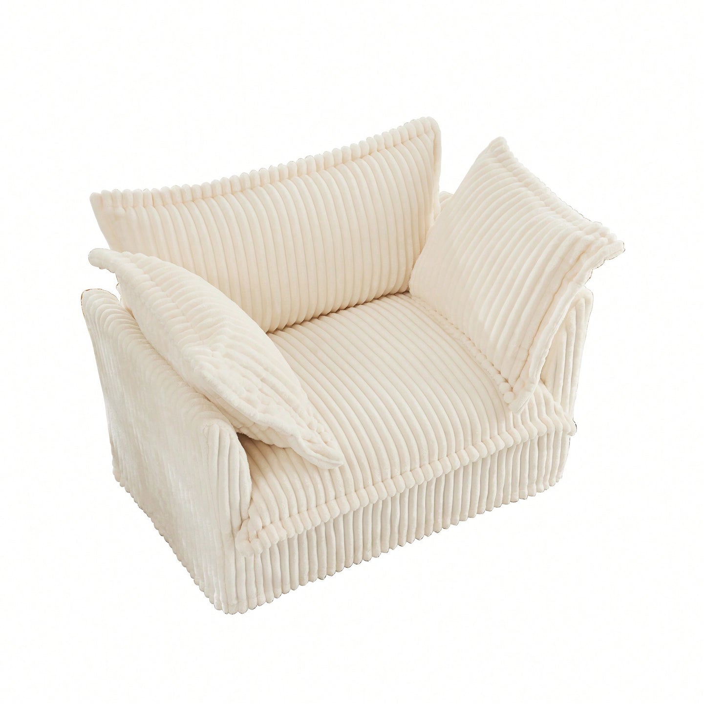 Cozy Slipcovered Armchair With Plush Back Cushion And Toss Pillows In Cream Corduroy Fabric