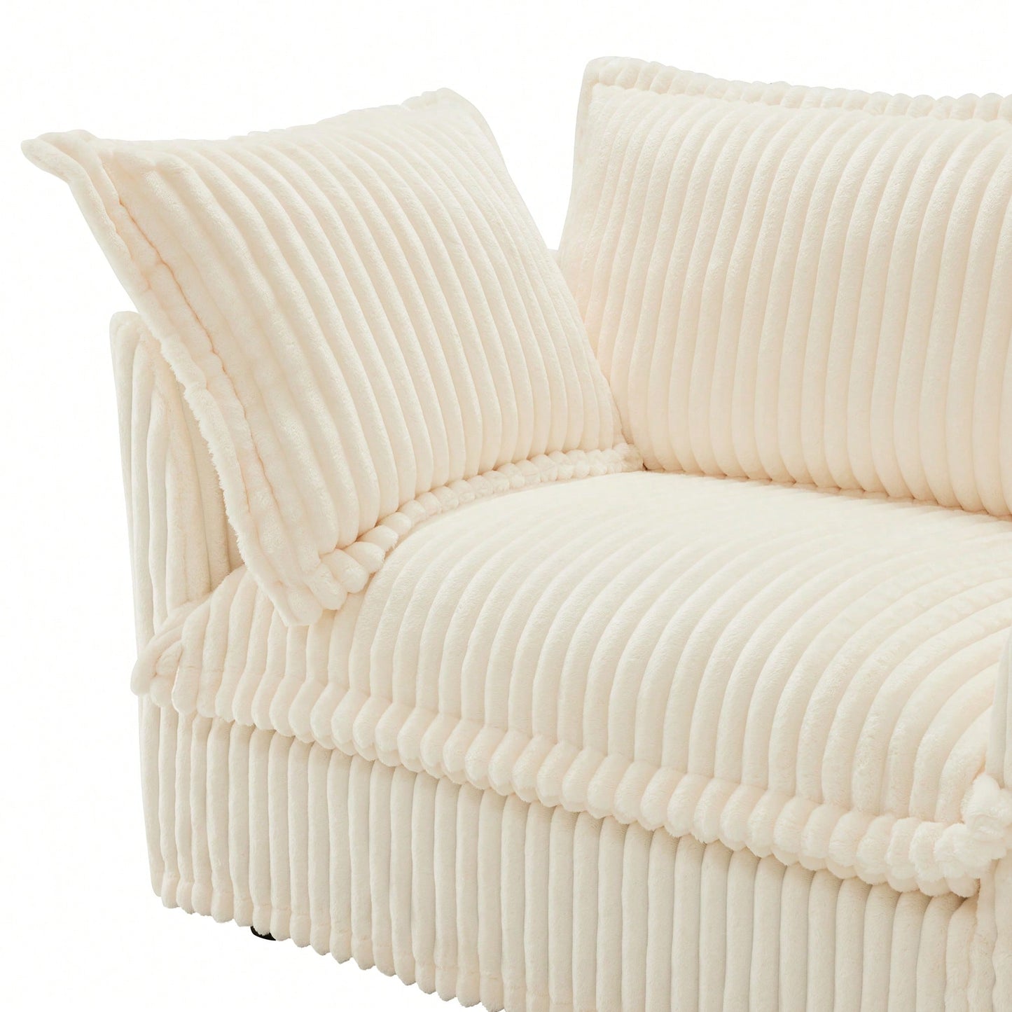 Cozy Slipcovered Armchair With Plush Back Cushion And Toss Pillows In Cream Corduroy Fabric