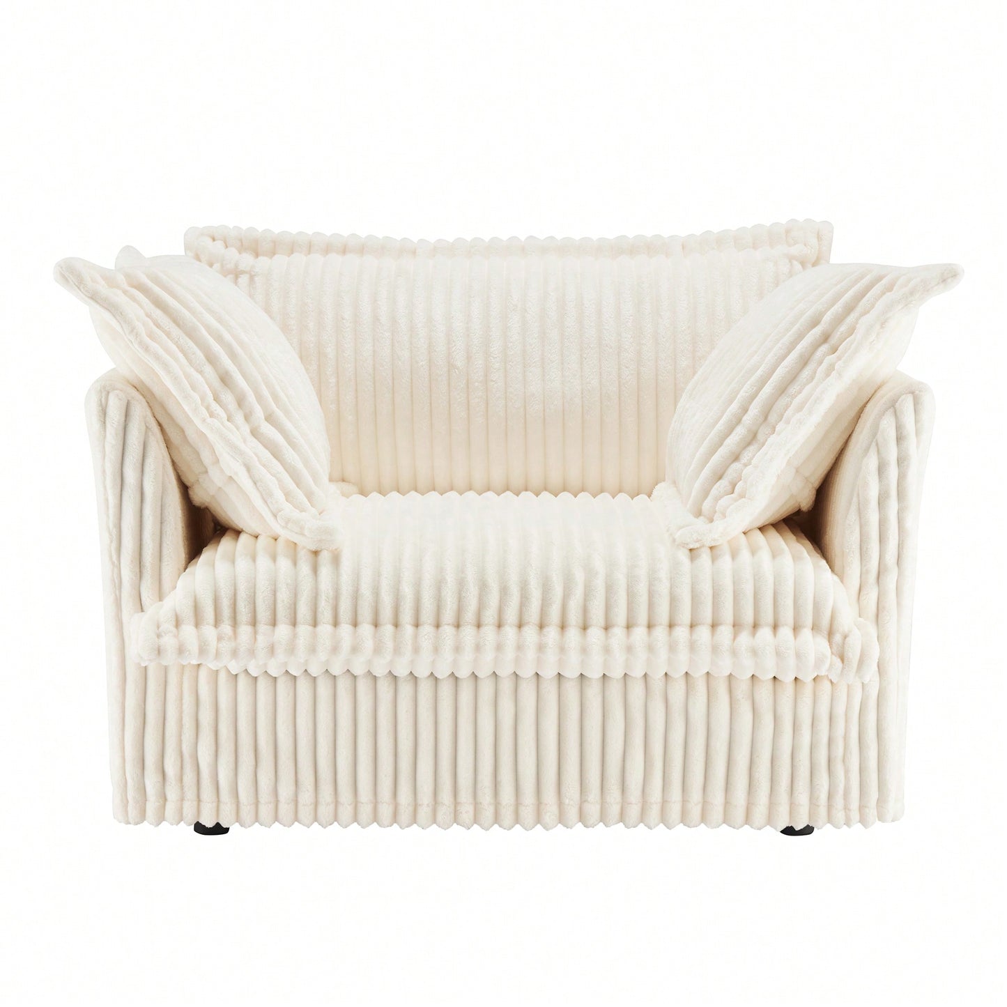 Cozy Slipcovered Armchair With Plush Back Cushion And Toss Pillows In Cream Corduroy Fabric