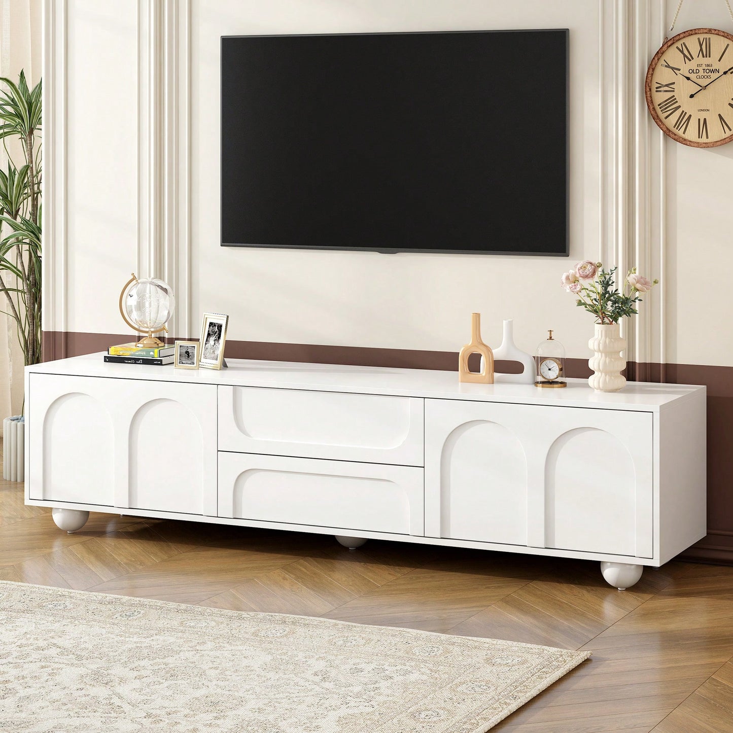 Elegant Cream TV Stand With Arched Doors And Storage Drawers For TVs Up To 75 Inches Minimalist Media Console With Rebound Device, Iron Legs