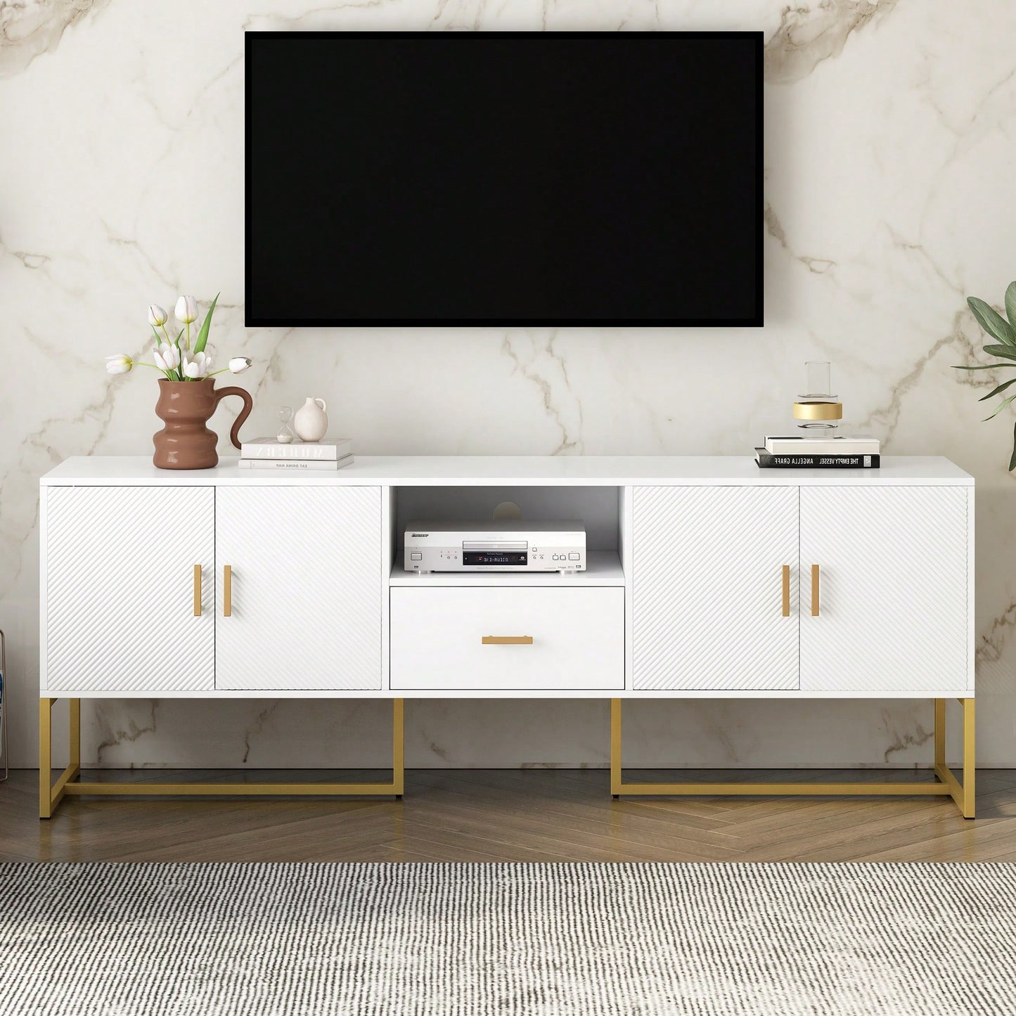 Modern TV Stand For Up To 70 Inch TVs With Storage Drawer And Cabinets, Sturdy Metal Legs And Anti-Tip Device For Living Room