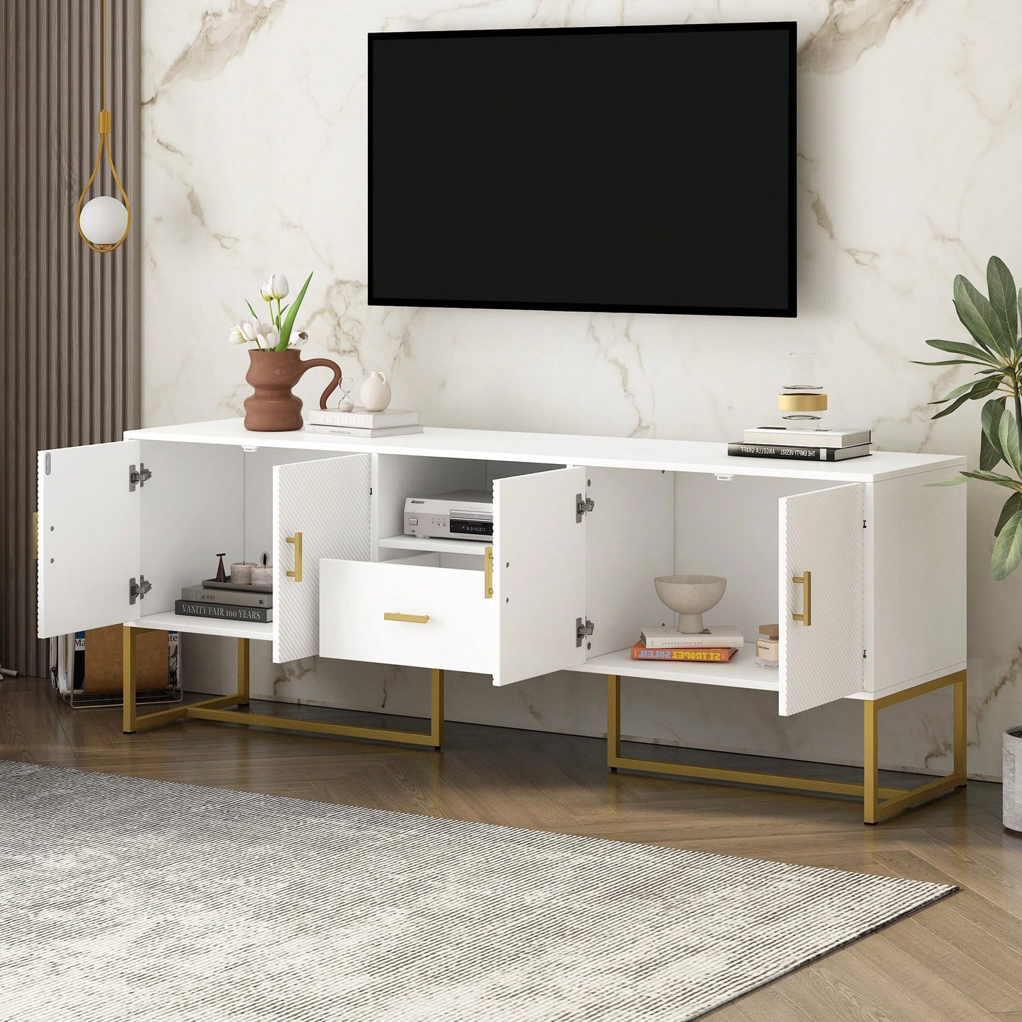 Modern TV Stand For Up To 70 Inch TVs With Storage Drawer And Cabinets, Sturdy Metal Legs And Anti-Tip Device For Living Room