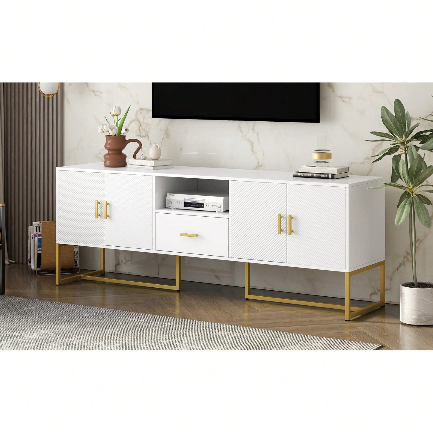 Modern TV Stand For Up To 70 Inch TVs With Storage Drawer And Cabinets, Sturdy Metal Legs And Anti-Tip Device For Living Room