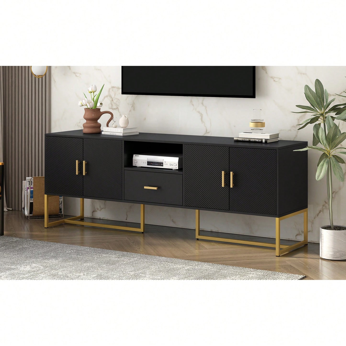 Modern TV Stand For Up To 70 Inch TVs With Storage Drawer And Cabinets, Sturdy Metal Legs And Anti-Tip Device For Living Room