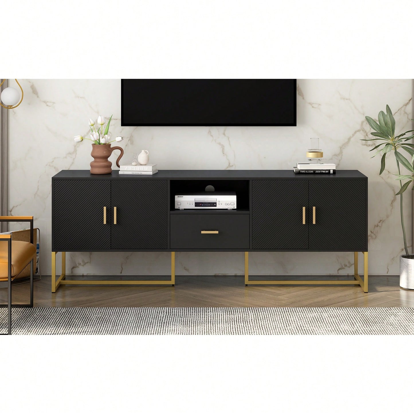 Modern TV Stand For Up To 70 Inch TVs With Storage Drawer And Cabinets, Sturdy Metal Legs And Anti-Tip Device For Living Room