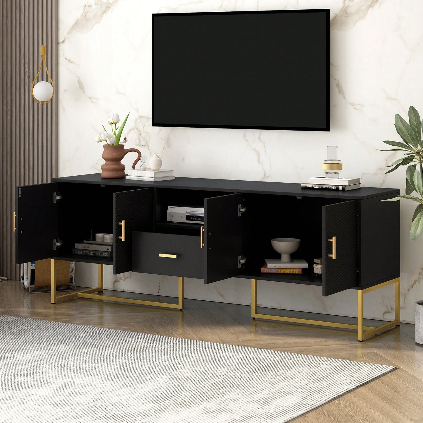 Modern TV Stand For Up To 70 Inch TVs With Storage Drawer And Cabinets, Sturdy Metal Legs And Anti-Tip Device For Living Room