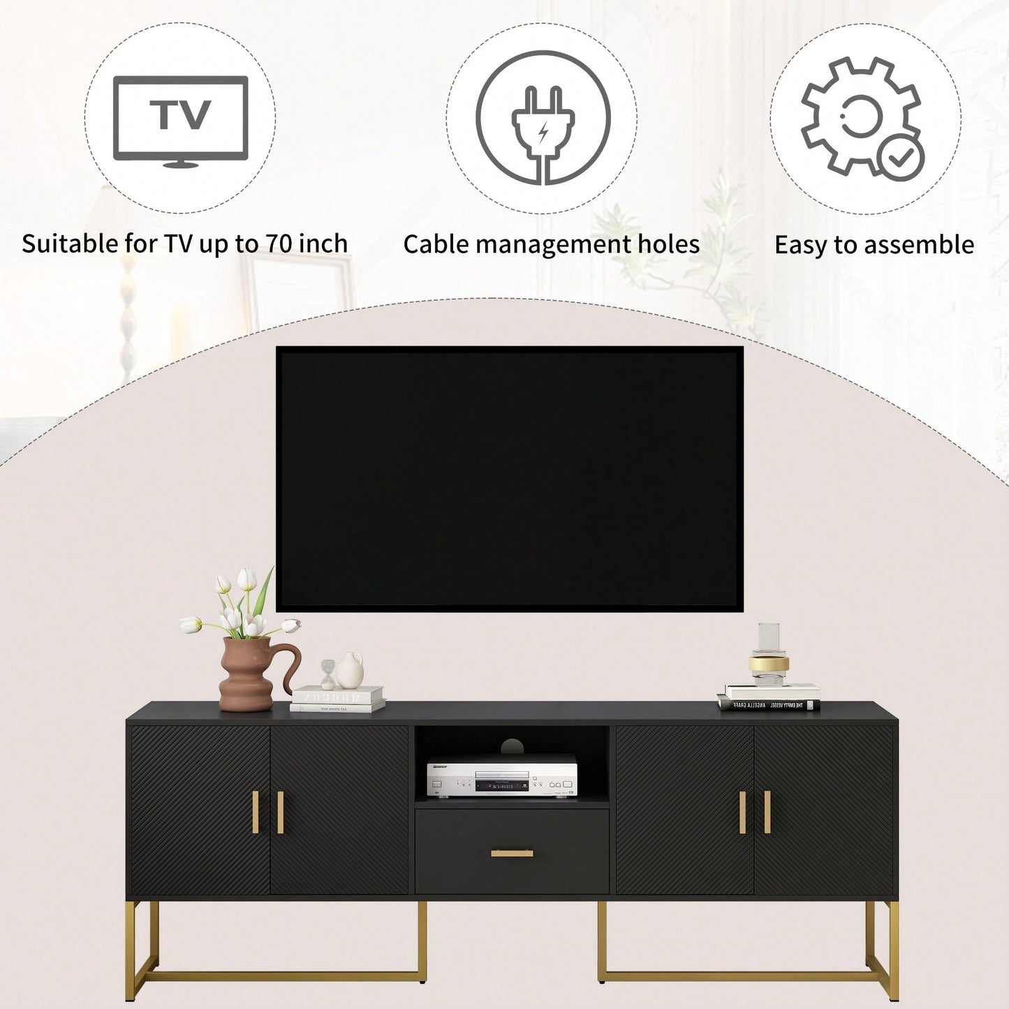 Modern TV Stand For Up To 70 Inch TVs With Storage Drawer And Cabinets, Sturdy Metal Legs And Anti-Tip Device For Living Room