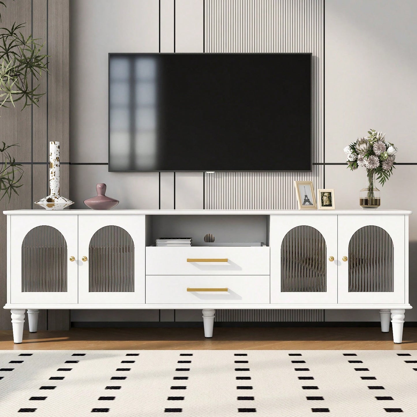 Retro TV Stand For TVs Up To 75 Inches Entertainment Center With Fluted Glass Doors And Solid Wood Legs For Living Room