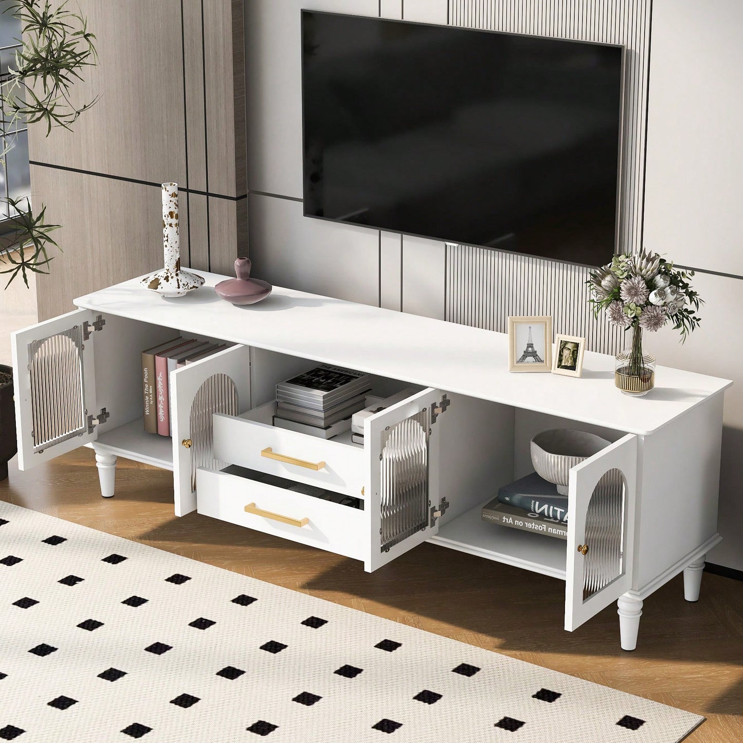 Retro TV Stand For TVs Up To 75 Inches Entertainment Center With Fluted Glass Doors And Solid Wood Legs For Living Room