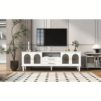 Retro TV Stand For TVs Up To 75 Inches Entertainment Center With Fluted Glass Doors And Solid Wood Legs For Living Room