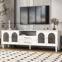 Retro TV Stand For TVs Up To 75 Inches Entertainment Center With Fluted Glass Doors And Solid Wood Legs For Living Room