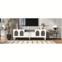 Retro TV Stand For TVs Up To 75 Inches Entertainment Center With Fluted Glass Doors And Solid Wood Legs For Living Room