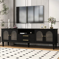 Retro TV Stand For TVs Up To 75 Inches Entertainment Center With Fluted Glass Doors And Solid Wood Legs For Living Room