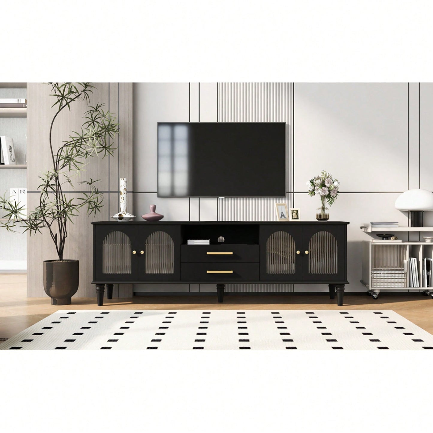 Retro TV Stand For TVs Up To 75 Inches Entertainment Center With Fluted Glass Doors And Solid Wood Legs For Living Room