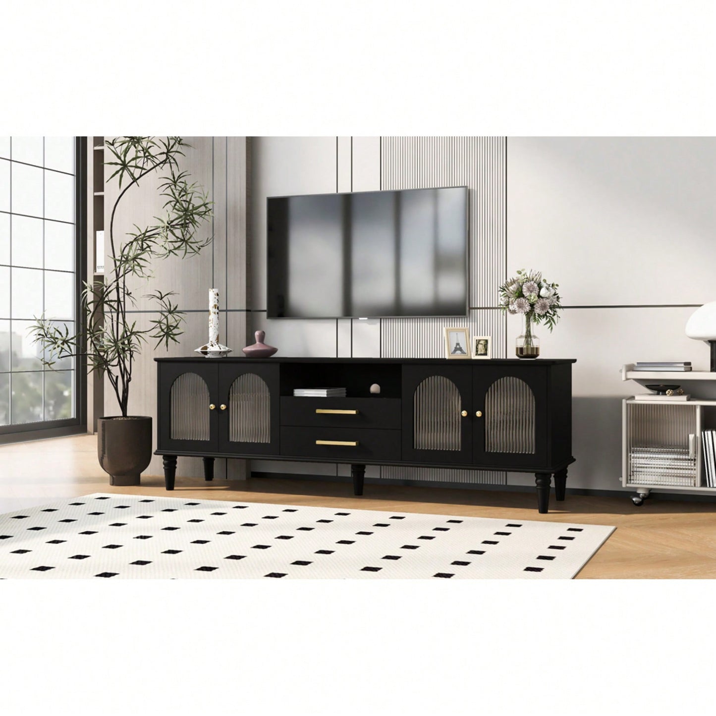 Retro TV Stand For TVs Up To 75 Inches Entertainment Center With Fluted Glass Doors And Solid Wood Legs For Living Room