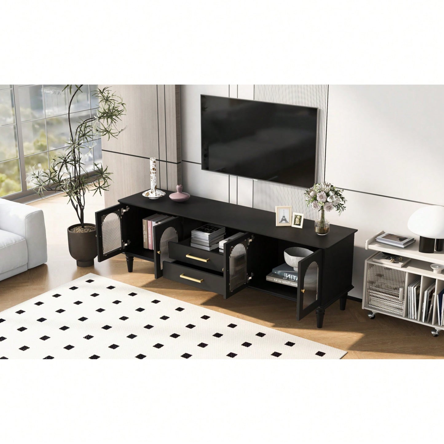 Retro TV Stand For TVs Up To 75 Inches Entertainment Center With Fluted Glass Doors And Solid Wood Legs For Living Room